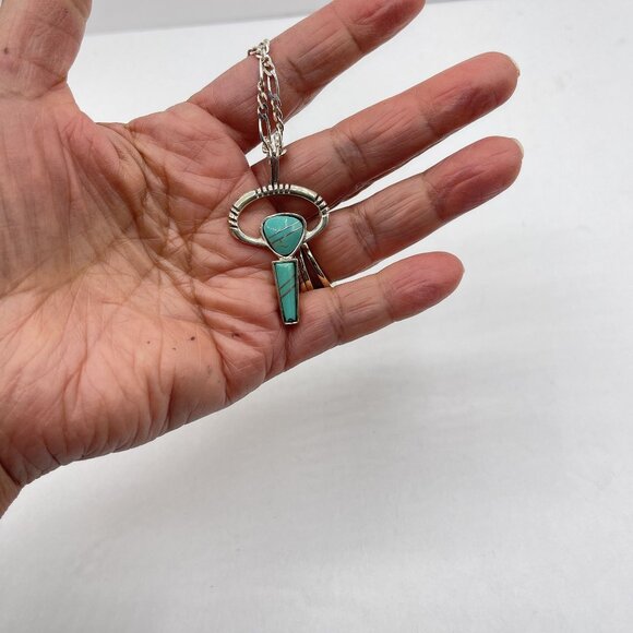 925 Sterling Silver Turquoise Key Pendant Necklace 18" - Picture 3 of 7